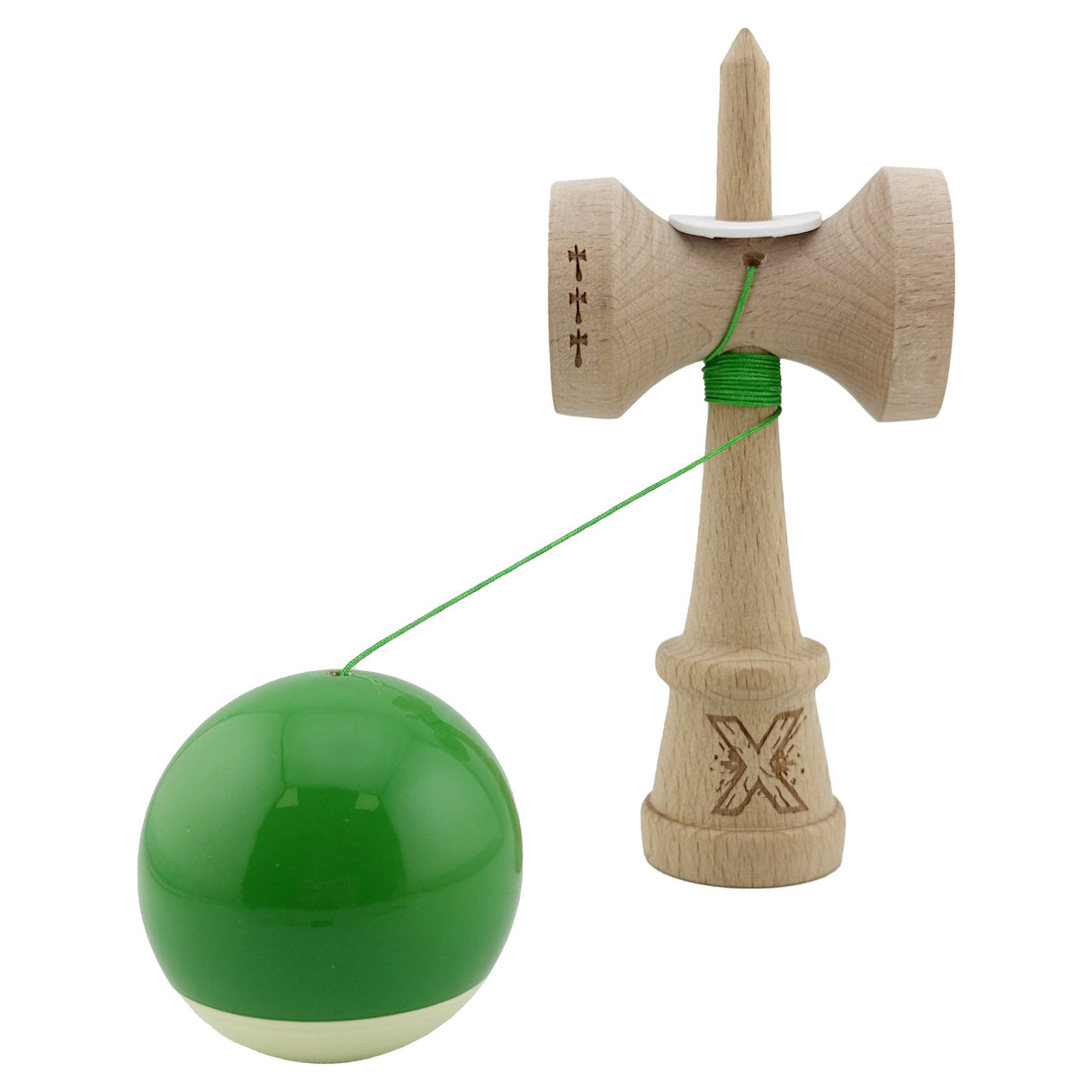 Kendama X Originala, Profesionala, Vivimall, Super Sticky cu Cupe Mari KING SIZE V3, Gaura in Baza, Rulment Metalic, din lemn 18 cm, Ata 62/65 cm, Bicolor Verde/Alb - vivimall.ro