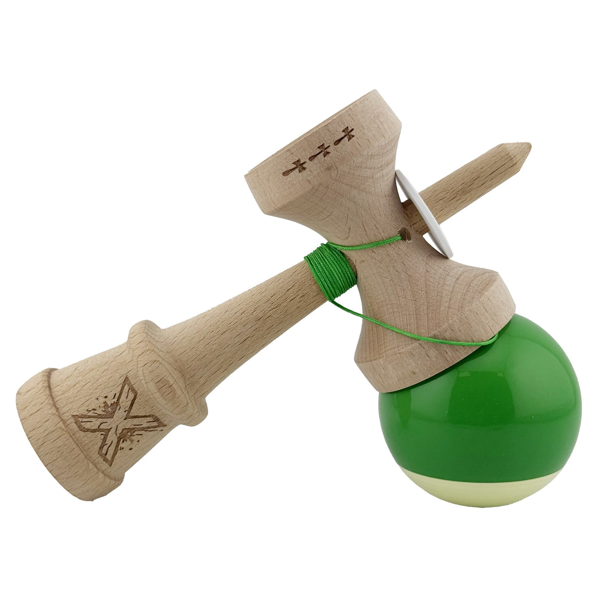 Kendama X Originala, Profesionala, Vivimall, Super Sticky cu Cupe Mari KING SIZE V3, Gaura in Baza, Rulment Metalic, din lemn 18 cm, Ata 62/65 cm, Bicolor Verde/Alb - vivimall.ro