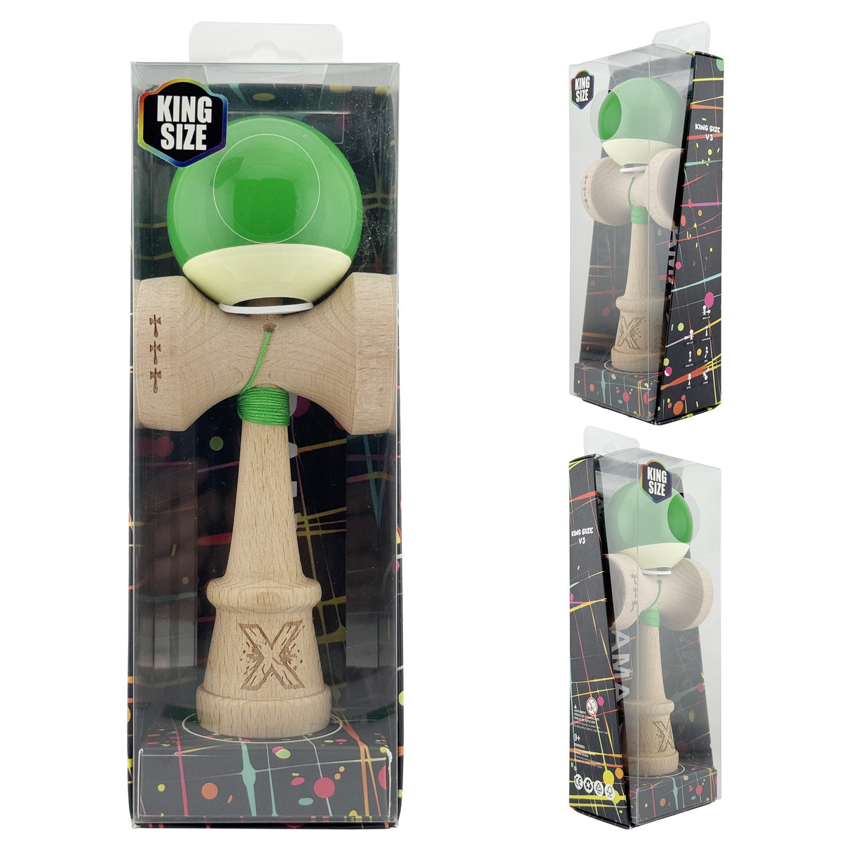 Kendama X Originala, Profesionala, Vivimall, Super Sticky cu Cupe Mari KING SIZE V3, Gaura in Baza, Rulment Metalic, din lemn 18 cm, Ata 62/65 cm, Bicolor Verde/Alb - vivimall.ro