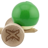 Kendama X Originala, Profesionala, Vivimall, Super Sticky cu Cupe Mari KING SIZE V3, Gaura in Baza, Rulment Metalic, din lemn 18 cm, Ata 62/65 cm, Bicolor Verde/Alb - vivimall.ro