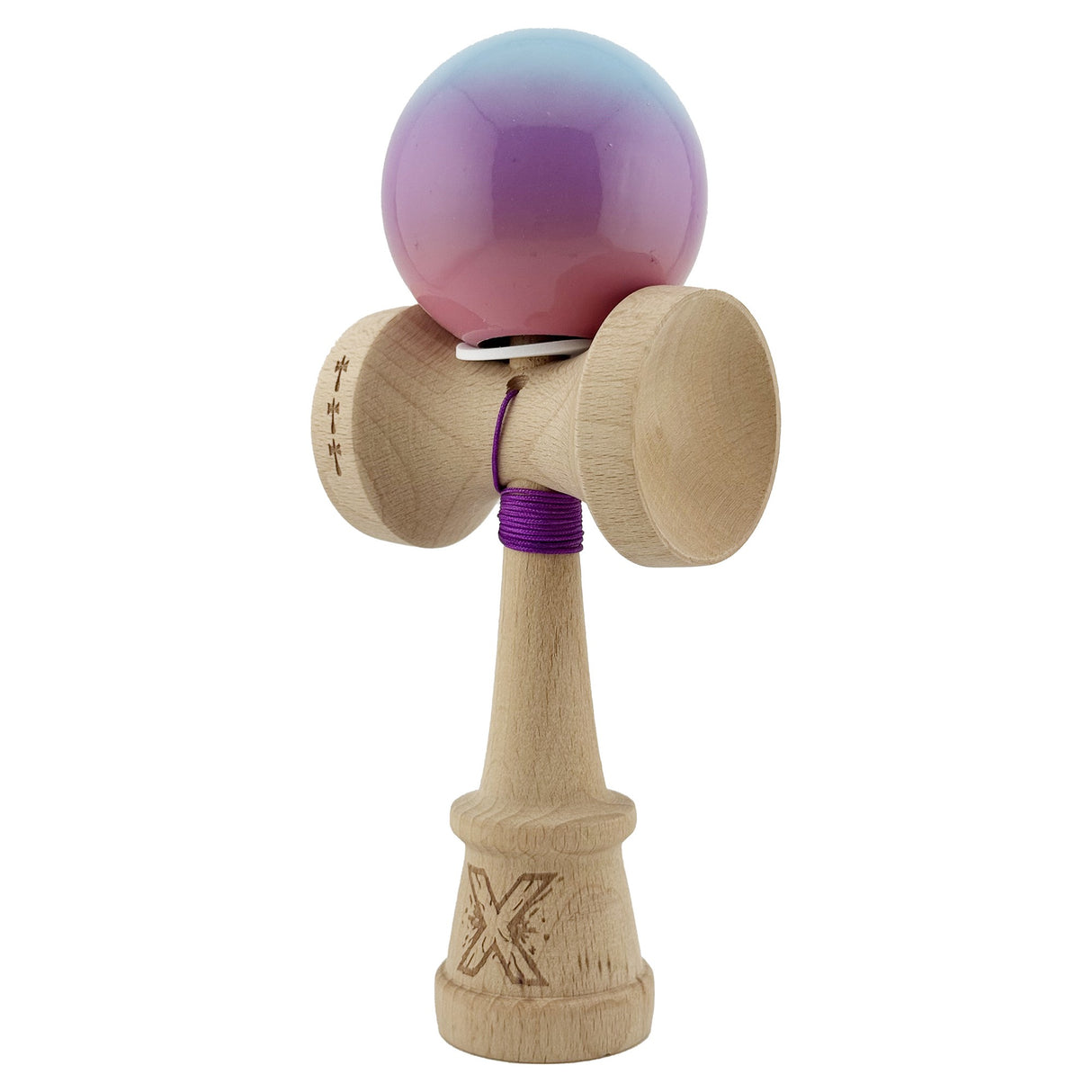 Kendama X Originala, Profesionala, Vivimall, Super Sticky cu Cupe Mari KING SIZE V3, Gaura in Baza, Rulment Metalic, din lemn 18 cm, Ata 62/65 cm, Gradient Albastru/Mov/Roz - vivimall.ro