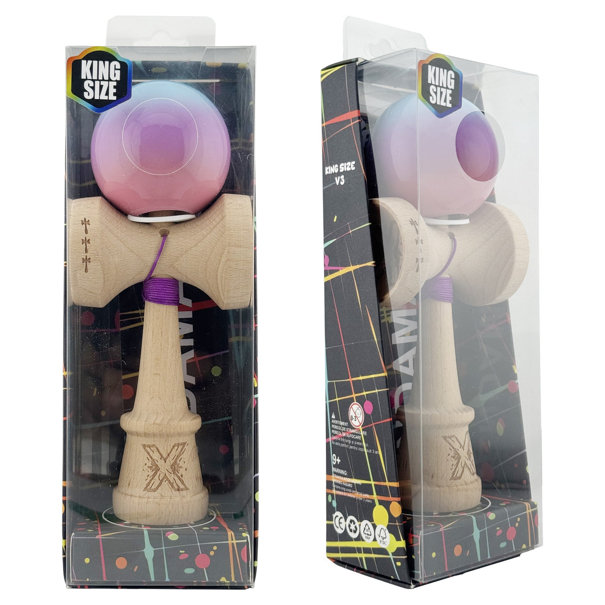 Kendama X Originala, Profesionala, Vivimall, Super Sticky cu Cupe Mari KING SIZE V3, Gaura in Baza, Rulment Metalic, din lemn 18 cm, Ata 62/65 cm, Gradient Albastru/Mov/Roz - vivimall.ro