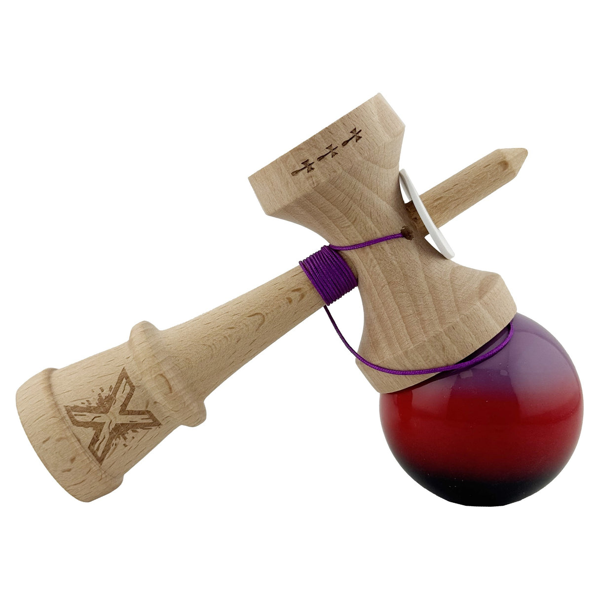 Kendama X Originala, Profesionala, Flippy, Super Sticky cu Cupe Mari KING SIZE V3, Gaura in Baza, Rulment Metalic, din lemn 18 cm, Ata 62/65 cm, Gradient Mov/Rosu/Negru - vivimall.ro