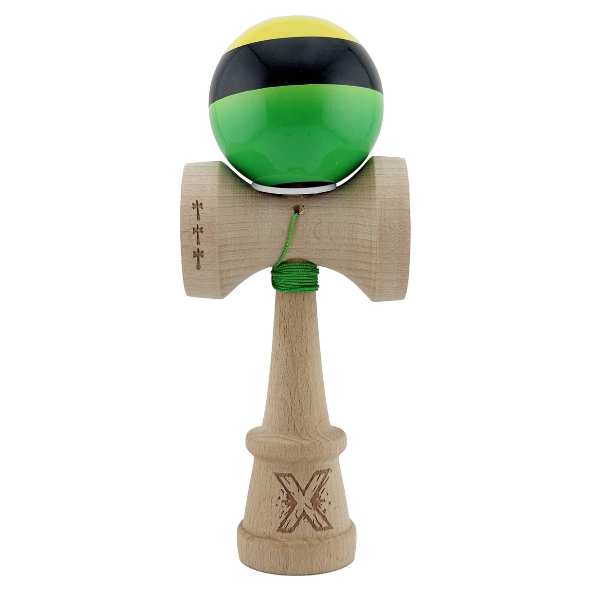 Kendama X Originala, Profesionala, Vivimall, Super Sticky cu Cupe Mari KING SIZE V3, Gaura in Baza, Rulment Metalic, din lemn 18 cm, Ata 62/65 cm, Galben/Negru/Verde - vivimall.ro