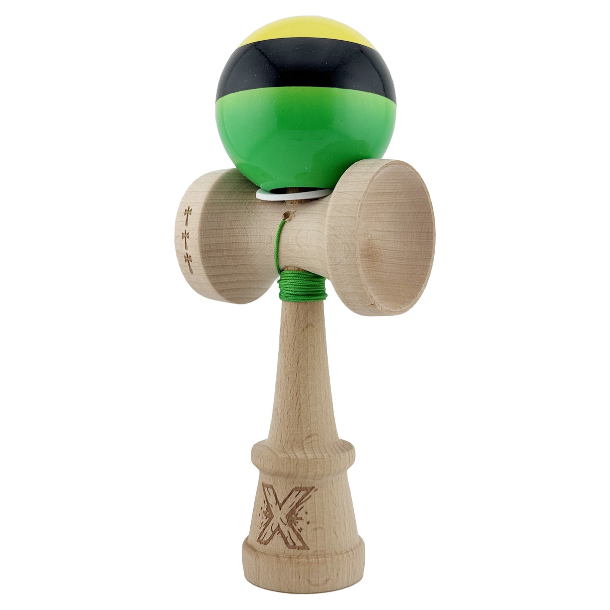 Kendama X Originala, Profesionala, Vivimall, Super Sticky cu Cupe Mari KING SIZE V3, Gaura in Baza, Rulment Metalic, din lemn 18 cm, Ata 62/65 cm, Galben/Negru/Verde - vivimall.ro