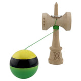 Kendama X Originala, Profesionala, Vivimall, Super Sticky cu Cupe Mari KING SIZE V3, Gaura in Baza, Rulment Metalic, din lemn 18 cm, Ata 62/65 cm, Galben/Negru/Verde - vivimall.ro