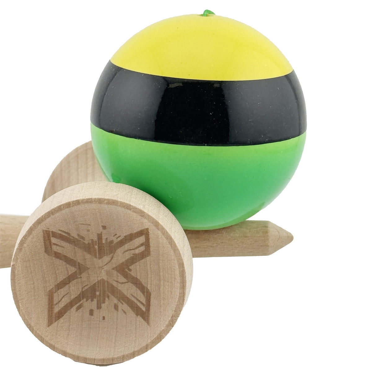 Kendama X Originala, Profesionala, Vivimall, Super Sticky cu Cupe Mari KING SIZE V3, Gaura in Baza, Rulment Metalic, din lemn 18 cm, Ata 62/65 cm, Galben/Negru/Verde - vivimall.ro