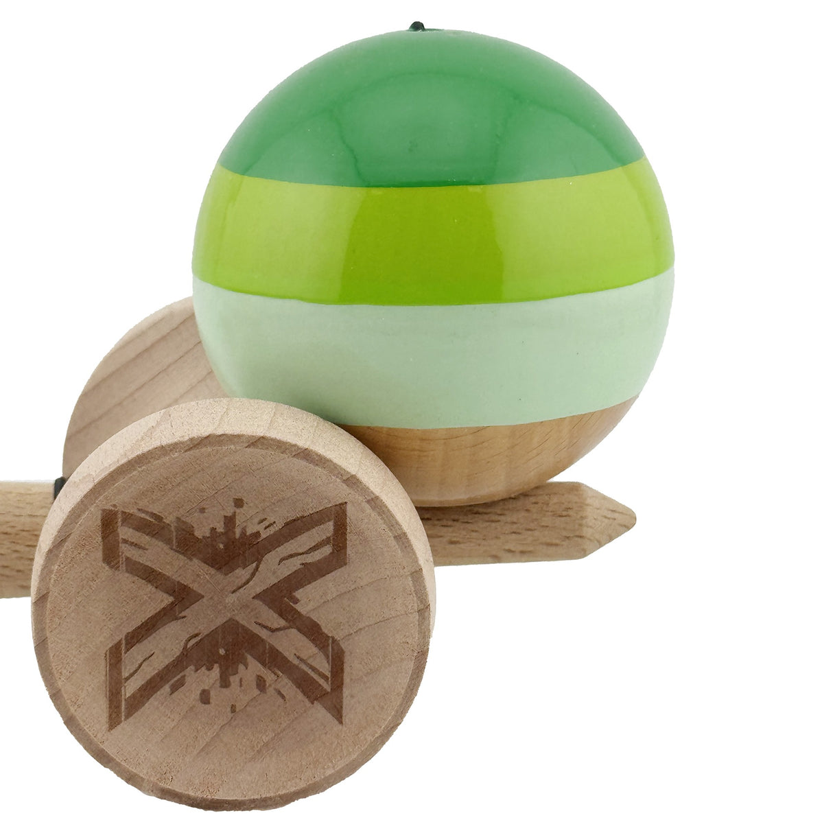 Kendama X Originala, Profesionala, Vivimall, Super Sticky cu Cupe Mari KING SIZE V3, Gaura in Baza, Rulment Metalic, din lemn 18 cm, Ata 62/65 cm, Special Verde degrade - vivimall.ro