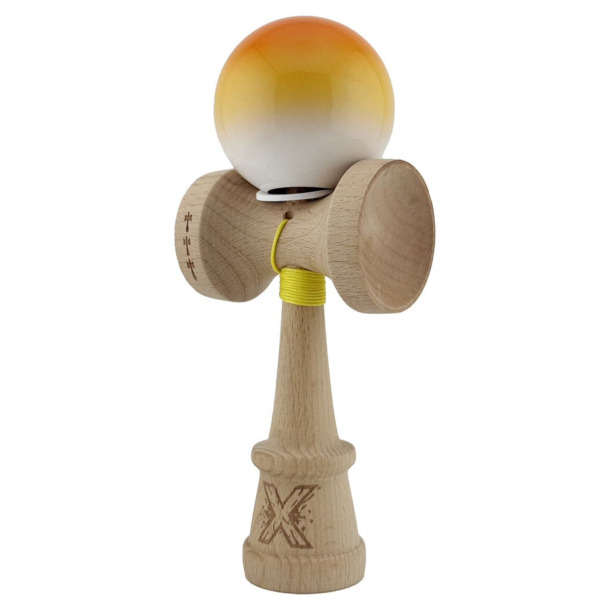 Kendama X Originala, Profesionala, Vivimall, Super Sticky cu Cupe Mari KING SIZE V3, Gaura in Baza, Rulment Metalic, din lemn 18 cm, Ata 62/65 cm, Gradient Portocaliu/Galben/Alb - vivimall.ro