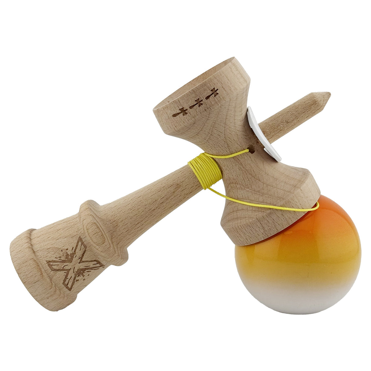 Kendama X Originala, Profesionala, Vivimall, Super Sticky cu Cupe Mari KING SIZE V3, Gaura in Baza, Rulment Metalic, din lemn 18 cm, Ata 62/65 cm, Gradient Portocaliu/Galben/Alb - vivimall.ro