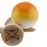 Kendama X Originala, Profesionala, Vivimall, Super Sticky cu Cupe Mari KING SIZE V3, Gaura in Baza, Rulment Metalic, din lemn 18 cm, Ata 62/65 cm, Gradient Portocaliu/Galben/Alb - vivimall.ro