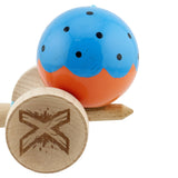 Kendama X Originala, Profesionala, Flippy, Super Sticky cu Cupe Mari KING SIZE V3, Gaura in Baza, Rulment Metalic, din lemn 18 cm, Ata 62/65 cm, Special Albastru/Portocaliu - vivimall.ro