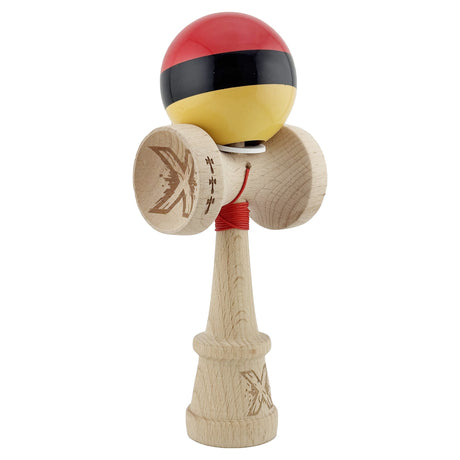 Kendama X Originala, Profesionala, Flippy, Super Sticky cu Cupe Mari KING SIZE V3, Gaura in Baza, Rulment Metalic, din lemn 18 cm, Ata 62/65 cm, Rosu/Negru/Galben- - vivimall.ro