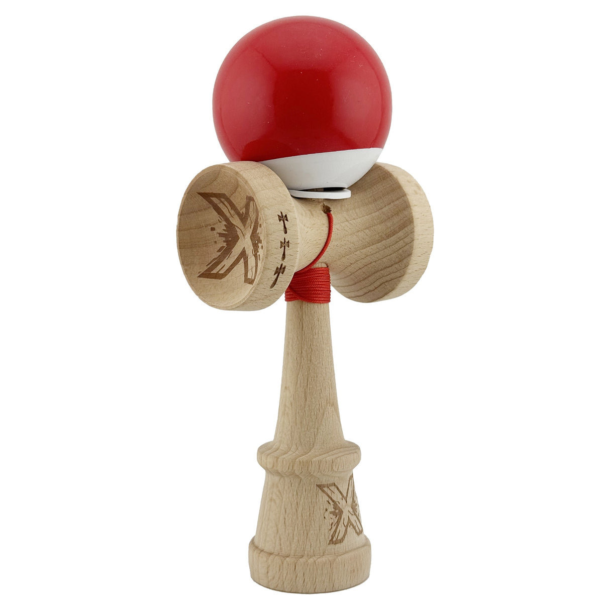 Kendama X Originala, Profesionala, Vivimall, Super Sticky cu Cupe Mari KING SIZE V3, Gaura in Baza, Rulment Metalic, din lemn 18 cm, Ata 62/65 cm, Bicolor Rosu/Alb - vivimall.ro