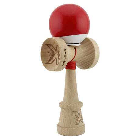 Kendama X Originala, Profesionala, Flippy, Super Sticky cu Cupe Mari KING SIZE V3, Gaura in Baza, Rulment Metalic, din lemn 18 cm, Ata 62/65 cm, Bicolor Rosu/Alb - vivimall.ro