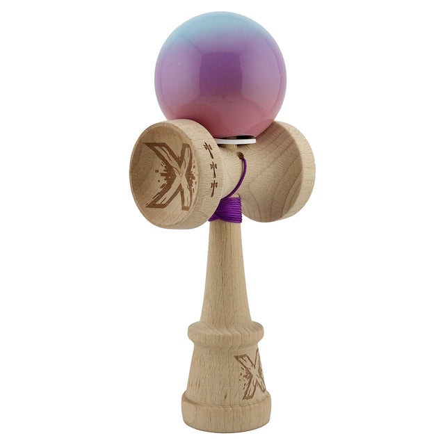 Kendama X Originala, Profesionala, Vivimall, Super Sticky cu Cupe Mari KING SIZE V3, Gaura in Baza, Rulment Metalic, din lemn 18 cm, Ata 62/65 cm, Gradient Albastru/Mov/Roz - vivimall.ro