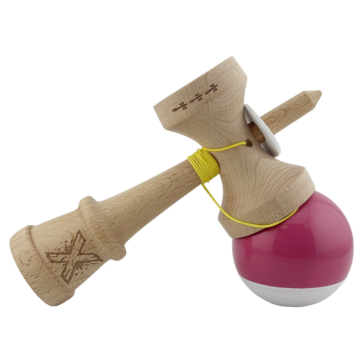 Kendama King Size V3 bicolor roz/alb, detaliu gaură în bază și spike metalic