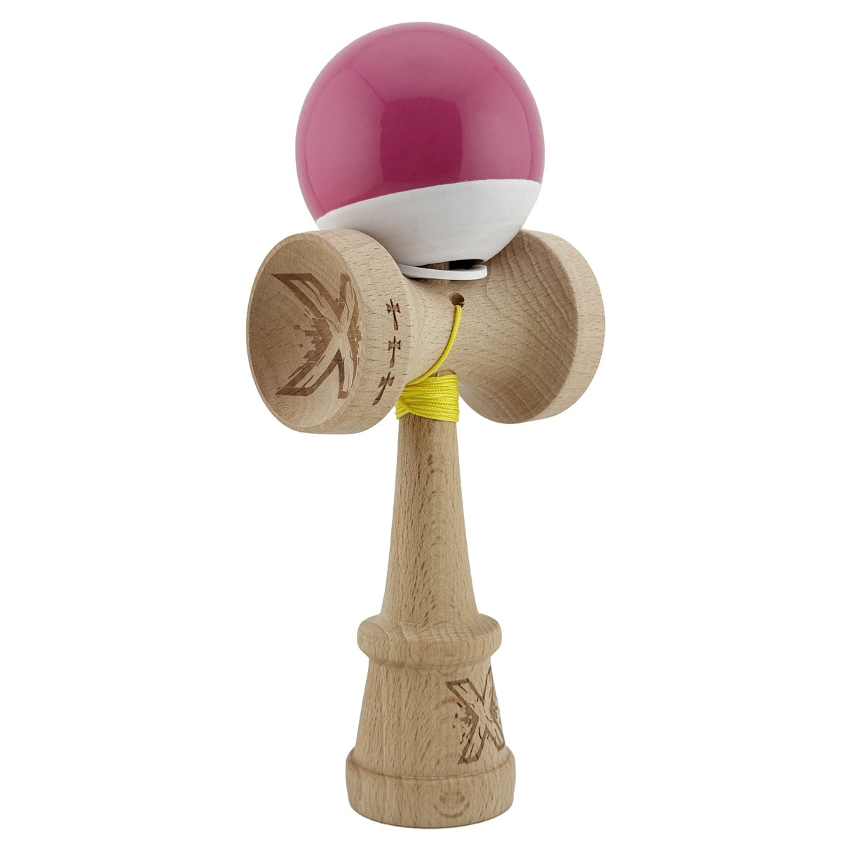 Kendama roz profesională din lemn 18 cm, model King Size V3 Super Sticky bicolor, vedere frontală