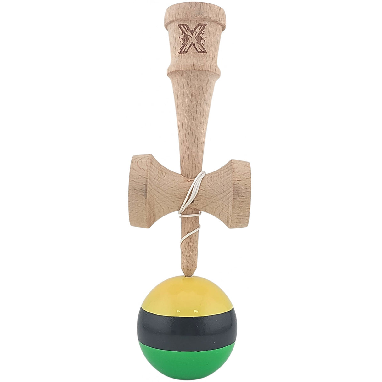 Kendama X Originala, Profesionala, Flippy, Super Sticky din Lemn, 18 cm, Galben/Negru/Verde - vivimall.ro