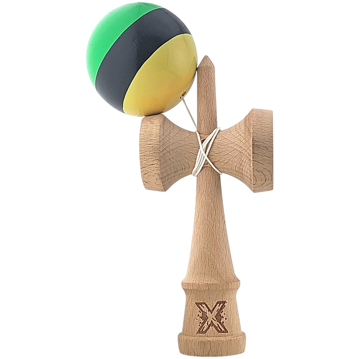 Kendama X Originala, Profesionala, Flippy, Super Sticky din Lemn, 18 cm, Galben/Negru/Verde - vivimall.ro