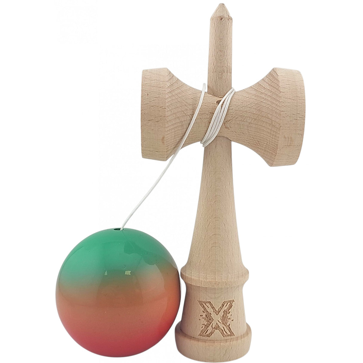 Kendama X Originala, Profesionala, Flippy, Super Sticky din Lemn, 18 cm, Gradient Rosu/Verde - vivimall.ro