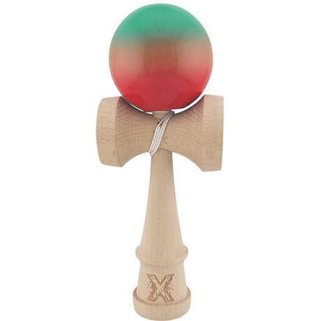 Kendama X Originala, Profesionala, Flippy, Super Sticky din Lemn, 18 cm, Gradient Rosu/Verde - vivimall.ro