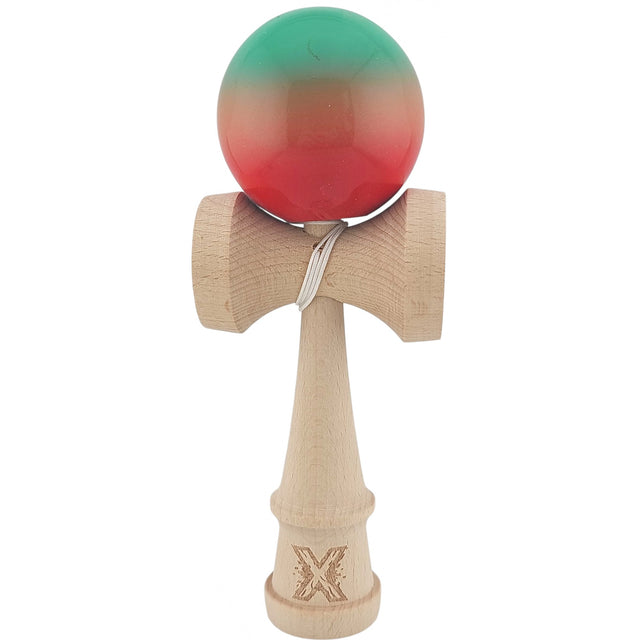 Kendama X Originala, Profesionala, Flippy, Super Sticky din Lemn, 18 cm, Gradient Rosu/Verde - vivimall.ro