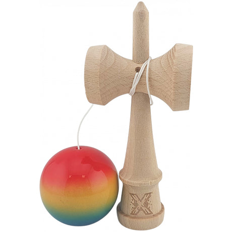 Kendama X Originala, Profesionala, Vivimall, Super Sticky din Lemn, 18 cm, Gradient Roz/Galben/Albastru - vivimall.ro