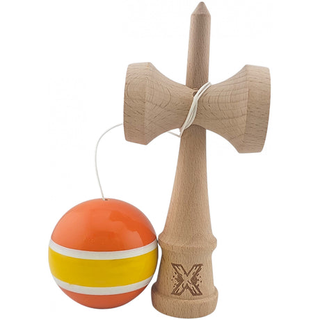 Kendama X Originala, Profesionala, Flippy, Super Sticky din Lemn, 18 cm, Portocaliu/Galben/Alb - vivimall.ro