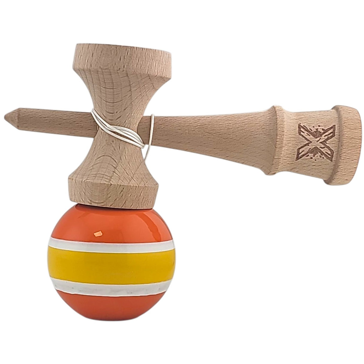 Kendama X Originala, Profesionala, Flippy, Super Sticky din Lemn, 18 cm, Portocaliu/Galben/Alb - vivimall.ro