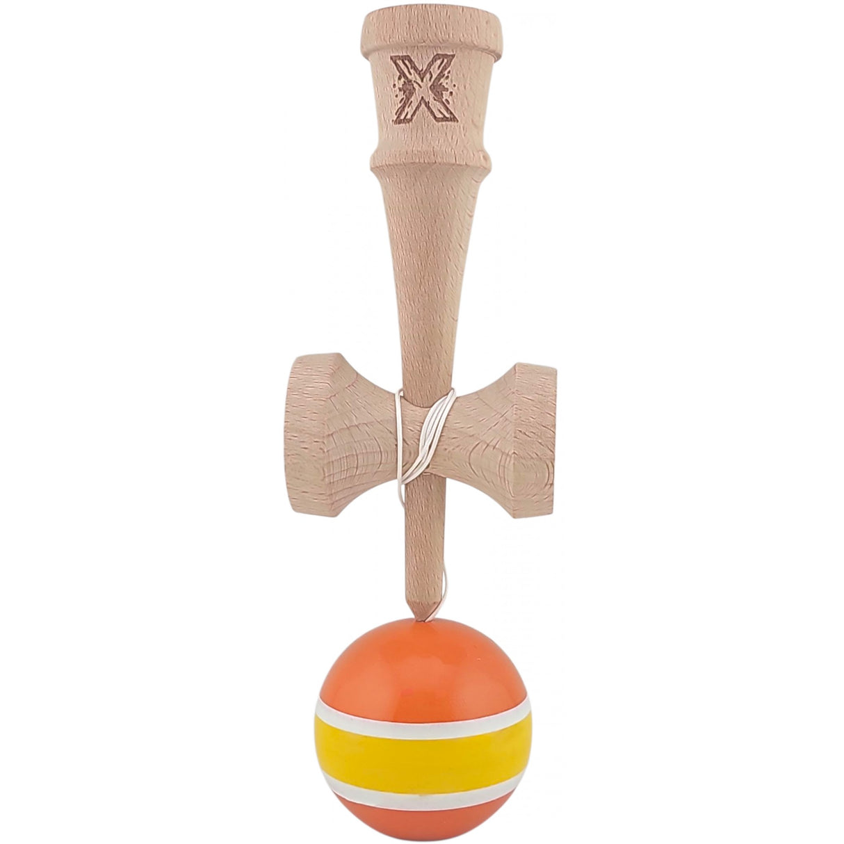 Kendama X Originala, Profesionala, Flippy, Super Sticky din Lemn, 18 cm, Portocaliu/Galben/Alb - vivimall.ro