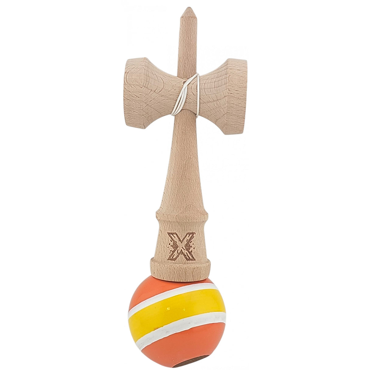 Kendama X Originala, Profesionala, Flippy, Super Sticky din Lemn, 18 cm, Portocaliu/Galben/Alb - vivimall.ro