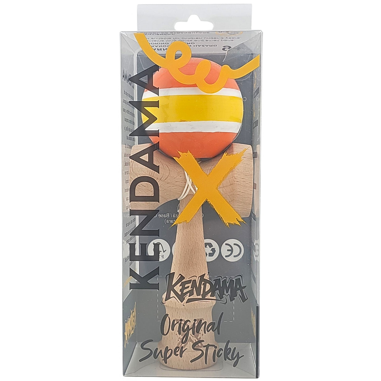 Kendama X Originala, Profesionala, Flippy, Super Sticky din Lemn, 18 cm, Portocaliu/Galben/Alb - vivimall.ro