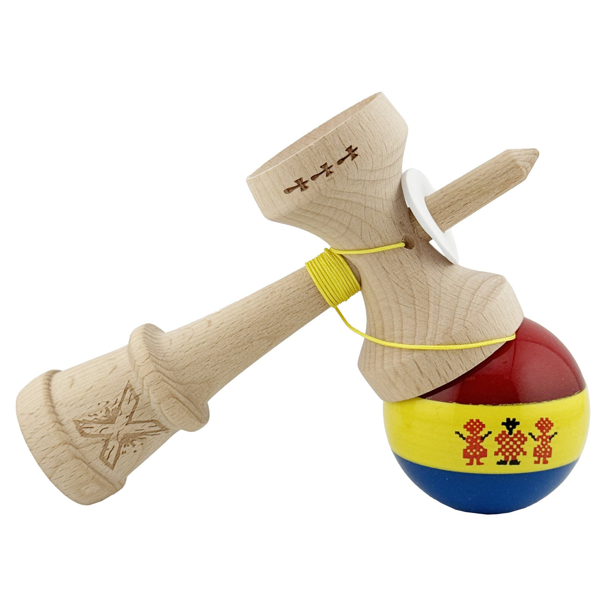 Kendama X Tricolor Edition în mână, demonstrație prindere cu cupă mare, jucător în acțiune