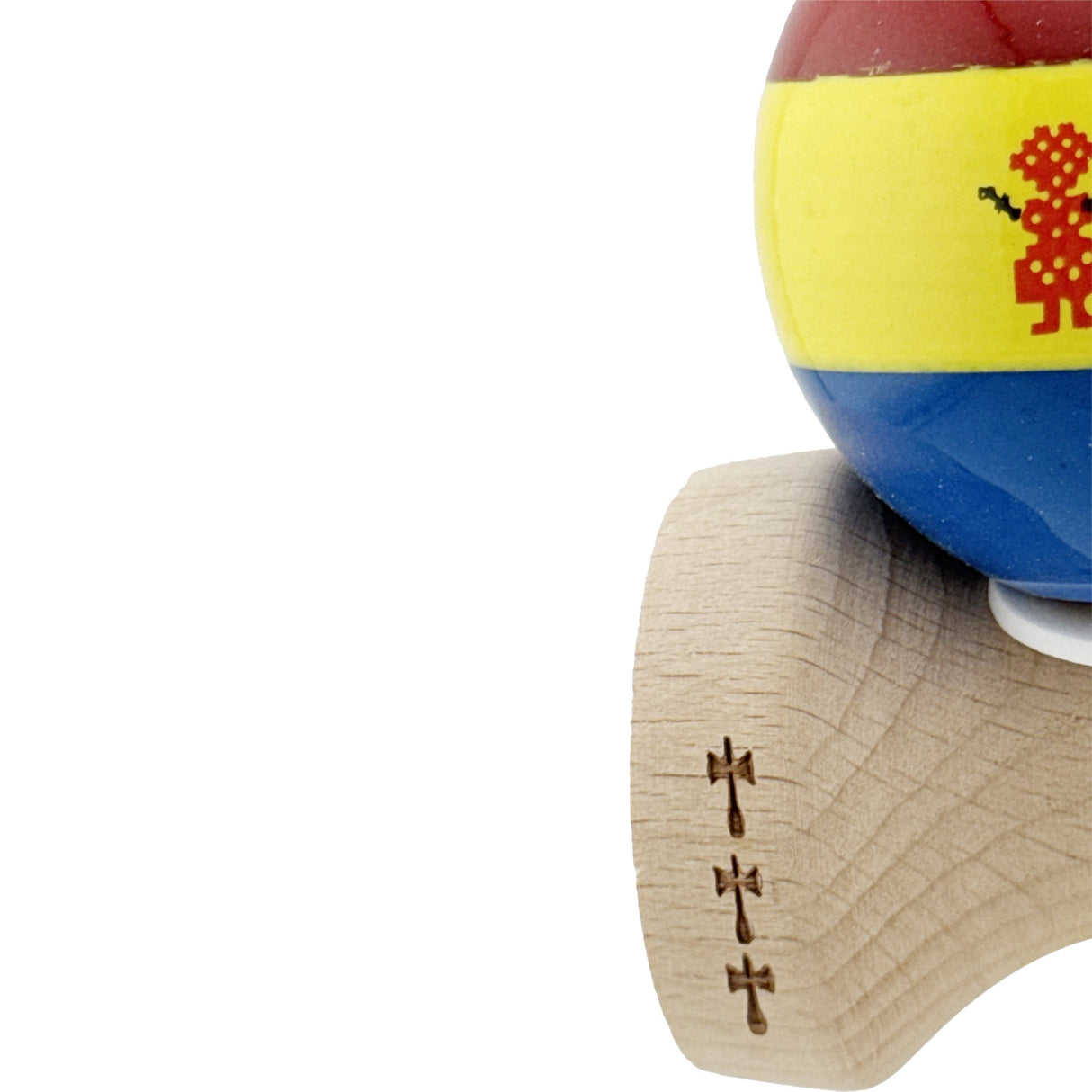 Kendama Tricolor Edition poziție trick cup spike, vedere unghi 45 de grade, model King Size V3