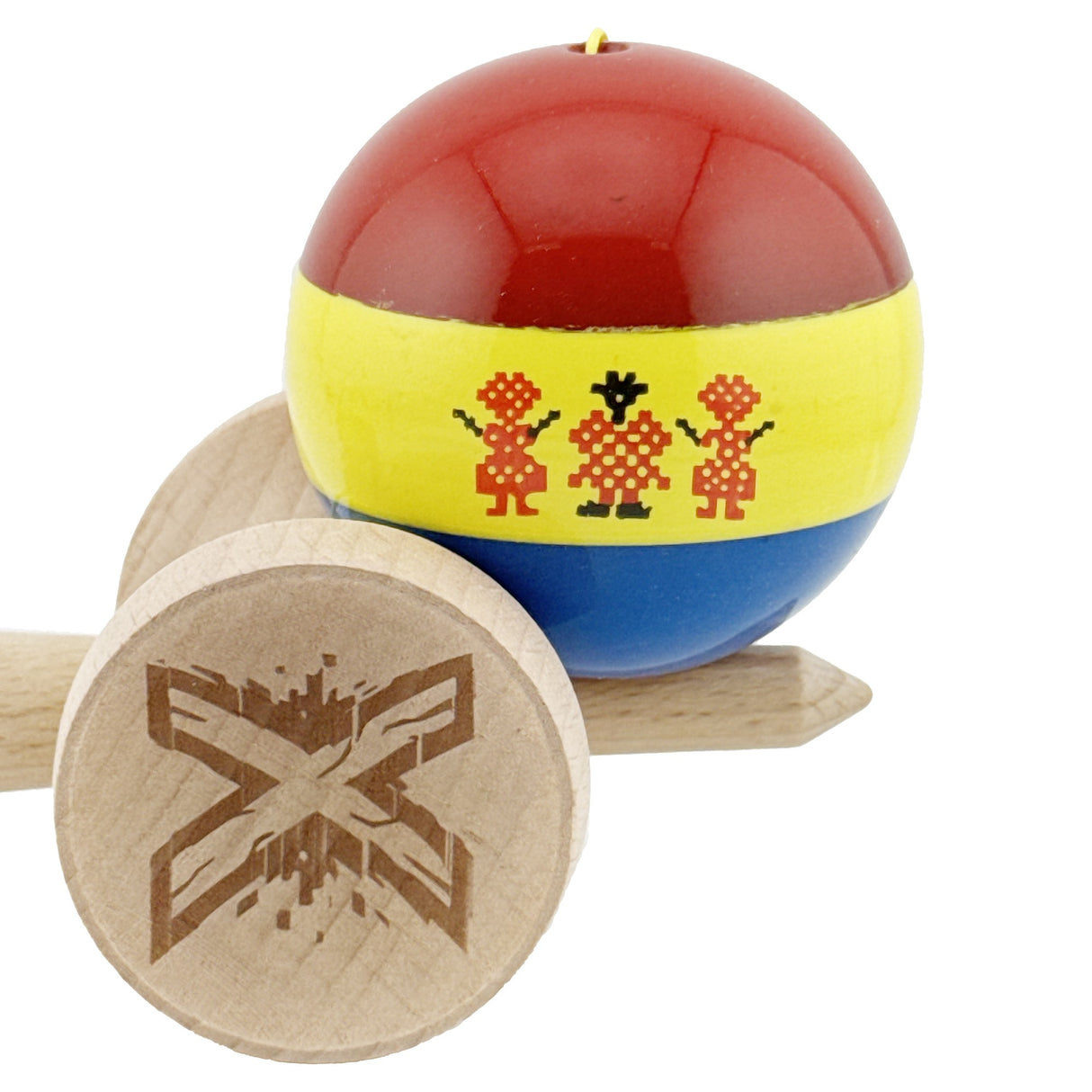 Set complet kendama profesională Tricolor: corp lemn, cupe mari și mici, ață, rulment metalic