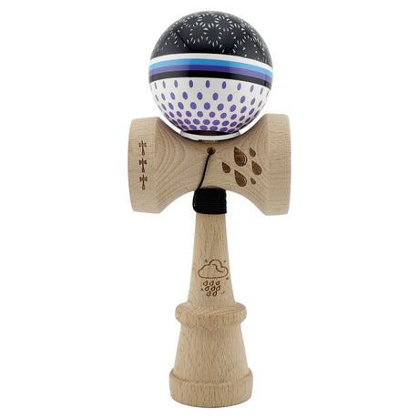Kendama X Originala, Profesionala, Flippy, RAINDROPS, Super Sticky cu Cupe Mari KING SIZE V3, Gaura in Baza, Rulment Metalic, din lemn 18 cm, Ata 62/65 cm, Alb/Negru/Mov - vivimall.ro
