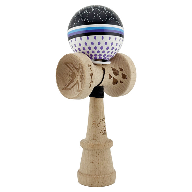 Kendama X Originala, Profesionala, Flippy, RAINDROPS, Super Sticky cu Cupe Mari KING SIZE V3, Gaura in Baza, Rulment Metalic, din lemn 18 cm, Ata 62/65 cm, Alb/Negru/Mov - vivimall.ro