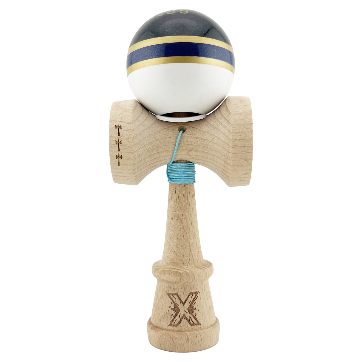 Kendama X Originala ROYAL SPIKE, Profesionala, Vivimall, Cupe Mari KING SIZE V3, Super Sticky, Gaura in Baza, Rulment Metalic, din lemn 18 cm, Ata 55 cm, Inel Albastru inchis
