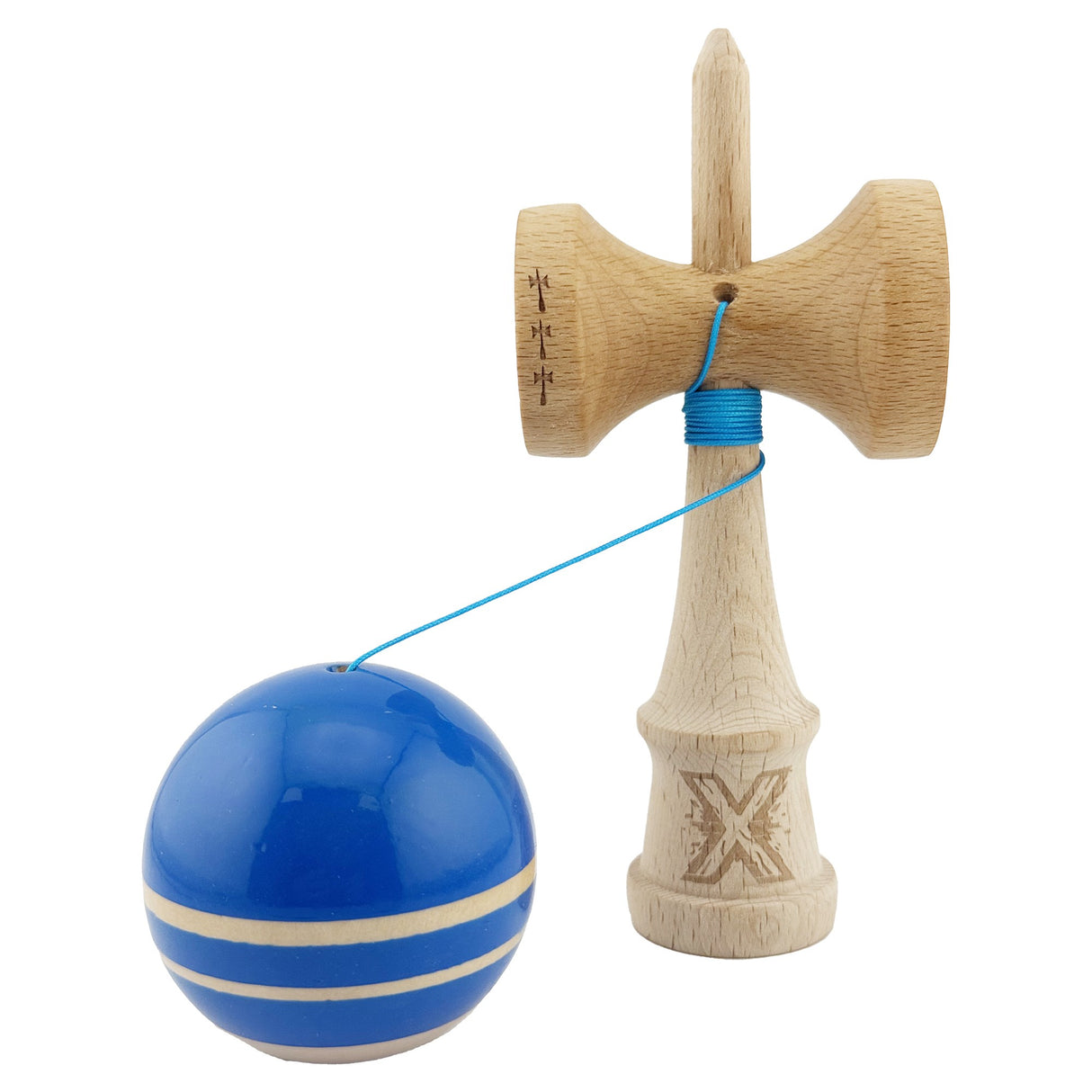 Kendama X Rainbow Originala, Profesionala, Vivimall, Big Cups V2, Super Sticky cu Cupe Mari, Rulment Metalic, din lemn 18 cm, Ata 55 cm, Albastru/Maro - vivimall.ro