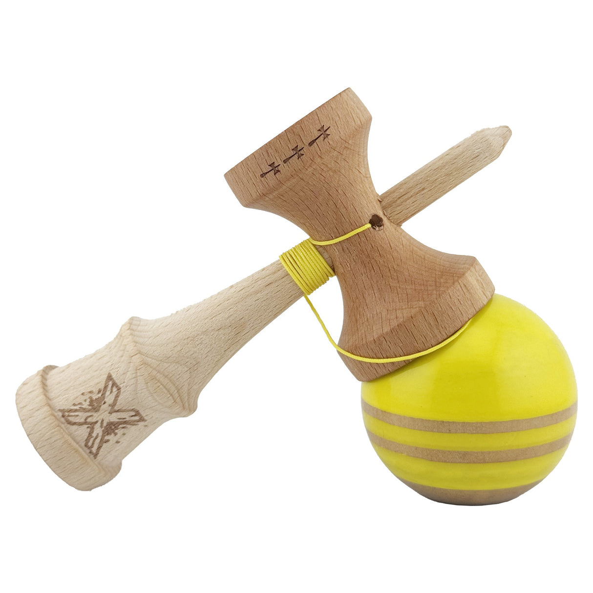 Kendama X Rainbow Originala, Profesionala, Vivimall, Big Cups V2, Super Sticky cu Cupe Mari, Rulment Metalic, din lemn 18 cm, Ata 55 cm, Galben/Maro - vivimall.ro
