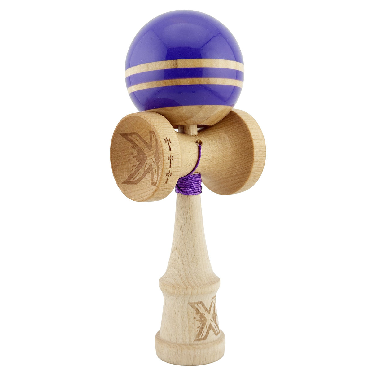 Kendama X Rainbow Originala, Profesionala, Flippy, Big Cups V2, Super Sticky cu Cupe Mari, Rulment Metalic, din lemn 18 cm, Ata 55 cm, Indigo/Maro - vivimall.ro