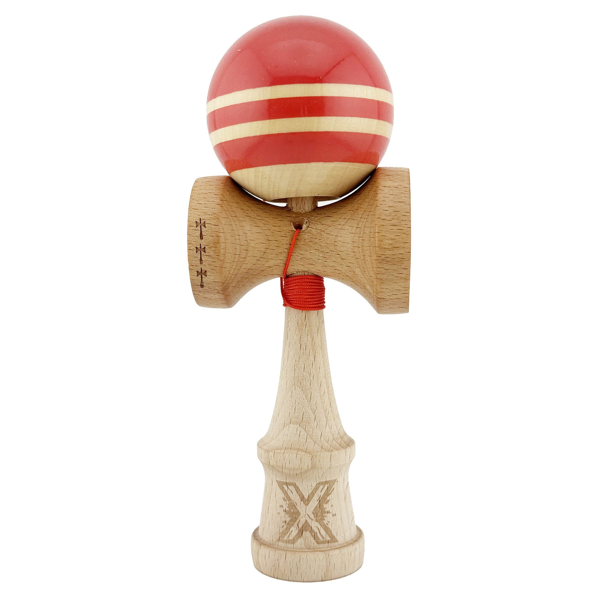 Kendama X Rainbow Originala, Profesionala, Vivimall, Big Cups V2, Super Sticky cu Cupe Mari, Rulment Metalic, din lemn 18 cm, Ata 55 cm, Rosu/Maro - vivimall.ro