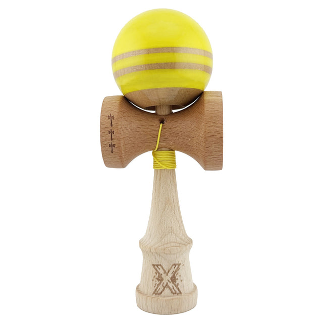 Kendama X Rainbow Originala, Profesionala, Flippy, Big Cups V2, Super Sticky cu Cupe Mari, Rulment Metalic, din lemn 18 cm, Ata 55 cm, Galben/Maro - vivimall.ro