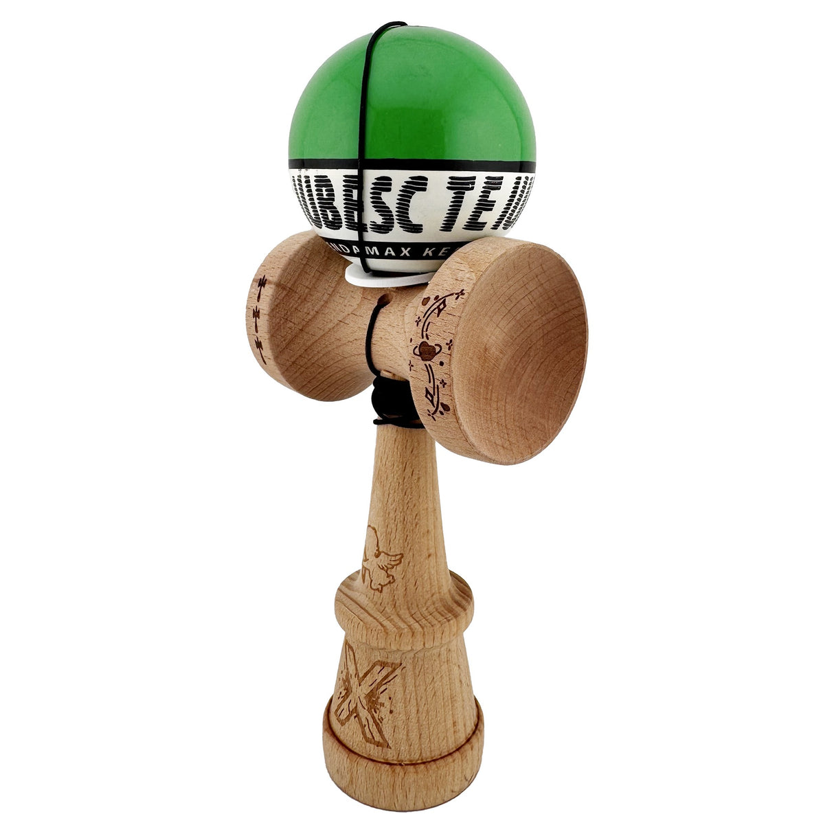 Kendama X TE IUBESC Originala, Profesionala, Vivimall, Super Sticky cu Cupe Mari KING SIZE V3, Gaura in Baza, Rulment Metalic, din lemn 18 cm, Ata 62/65 cm, Verde/Alb - vivimall.ro