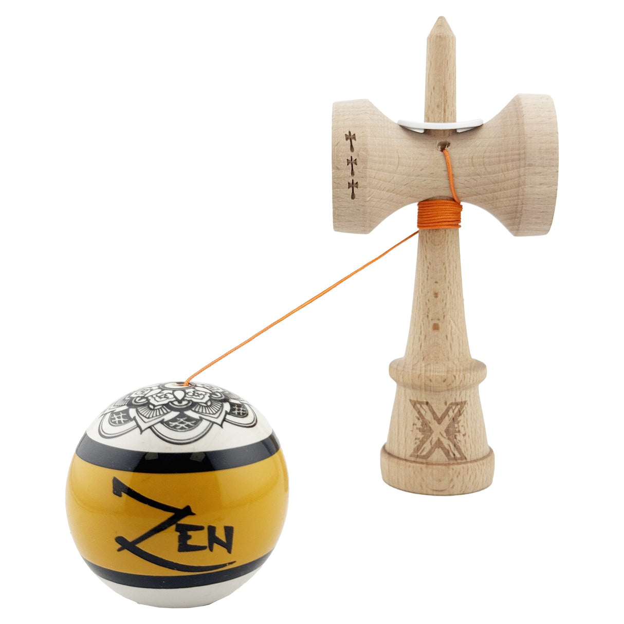 Kendama X Zen Series Originala, Profesionala, Vivimall, Super Sticky cu Cupe Mari V3, King Size Cups, Rulment Metalic si Gaura in Baza, din Lemn 18 cm, Ata 55 cm, Auriu