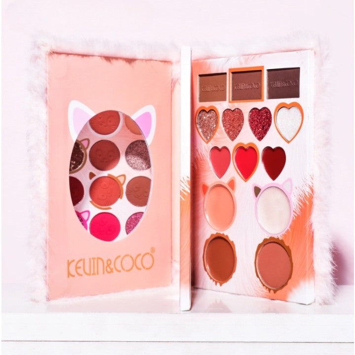 Set de Machiaj Kevin&Coco, 38 culori, Fard Ochi, Iluminatoare si Contouring, Husa Pufoasa, Model Pisicuta, 17.3x12.5x5 cm, Multicolor - vivimall.ro