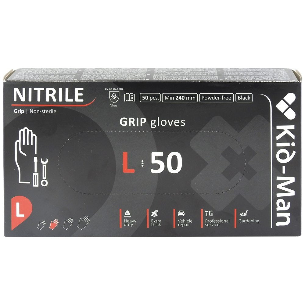 Kid-man Manusi Nitril Grip N50 Nepudrate Negre L 50 buc
