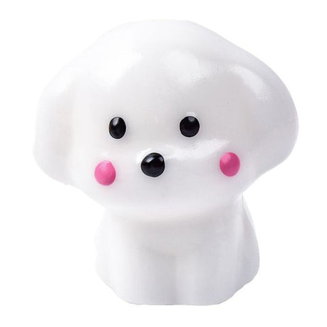 Squishy cățeluș Kawaii Flippy, silicon TPR moale alb cu roz, vedere frontală, 4,5 cm