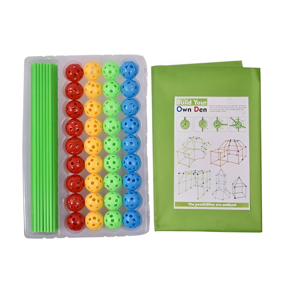 Kit de Constructie Fort 3D pentru Copii, Vivimall, 560 g, 36 Sfere, 51 Tije, Panza Verde Impermeabil, 3 ani, Educativ, Multicolor - vivimall.ro